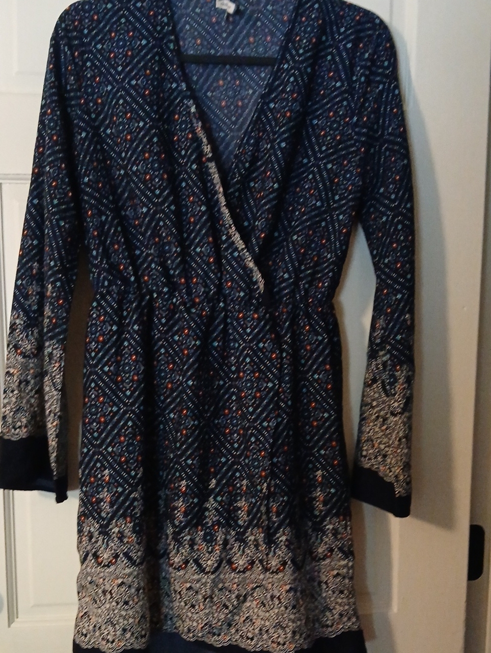 Navy Printed Long-Sleeve Wrap Dress with Border Detail